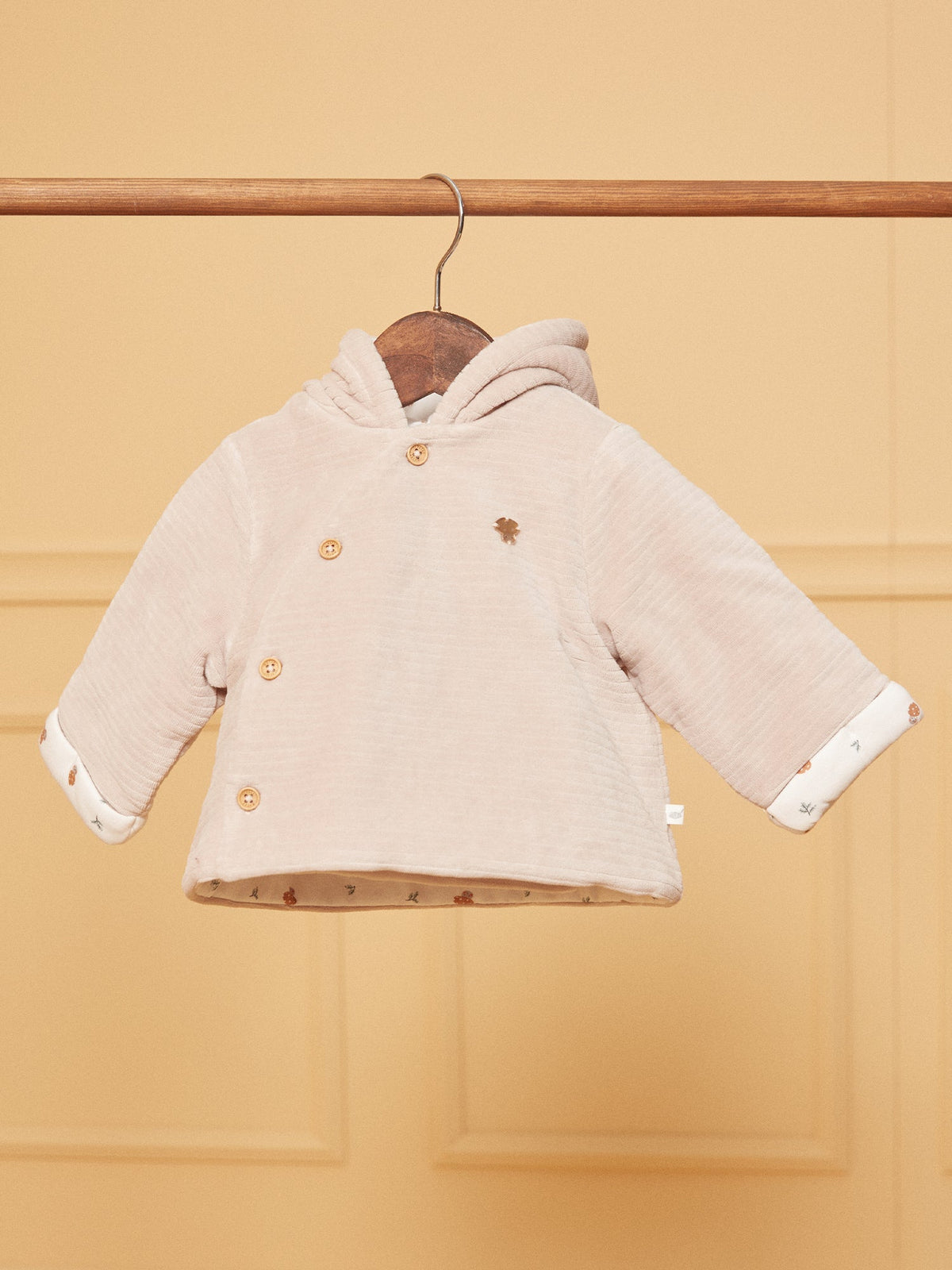 Veste de naissance à capuche beige en velours - 1