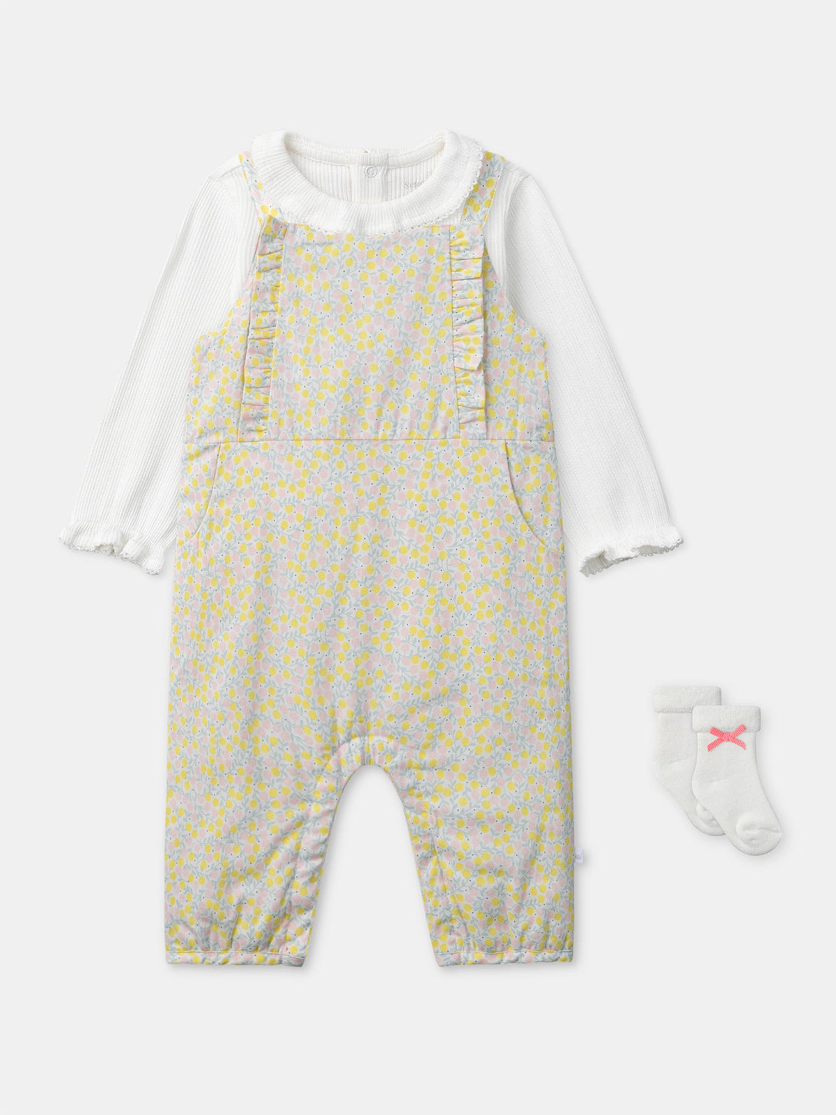 Ensemble combinaison fleuri + body écru + chaussettes à ruban Naissance Fille - 1