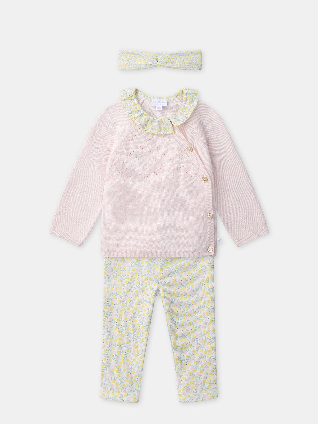 Ensemble pull rose + legging fleuri + bandeau fleuri Naissance Fille - 1