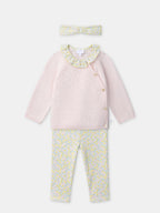 Ensemble pull rose + legging fleuri + bandeau fleuri Naissance Fille - 1