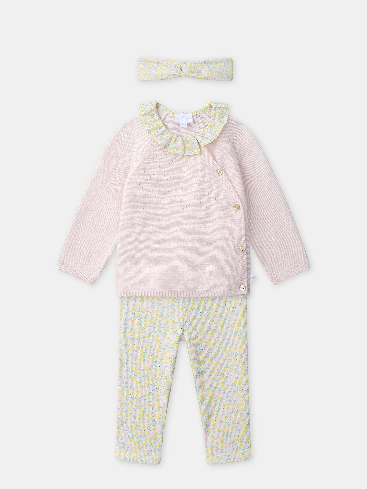Ensemble pull rose + legging fleuri + bandeau fleuri Naissance Fille - 1