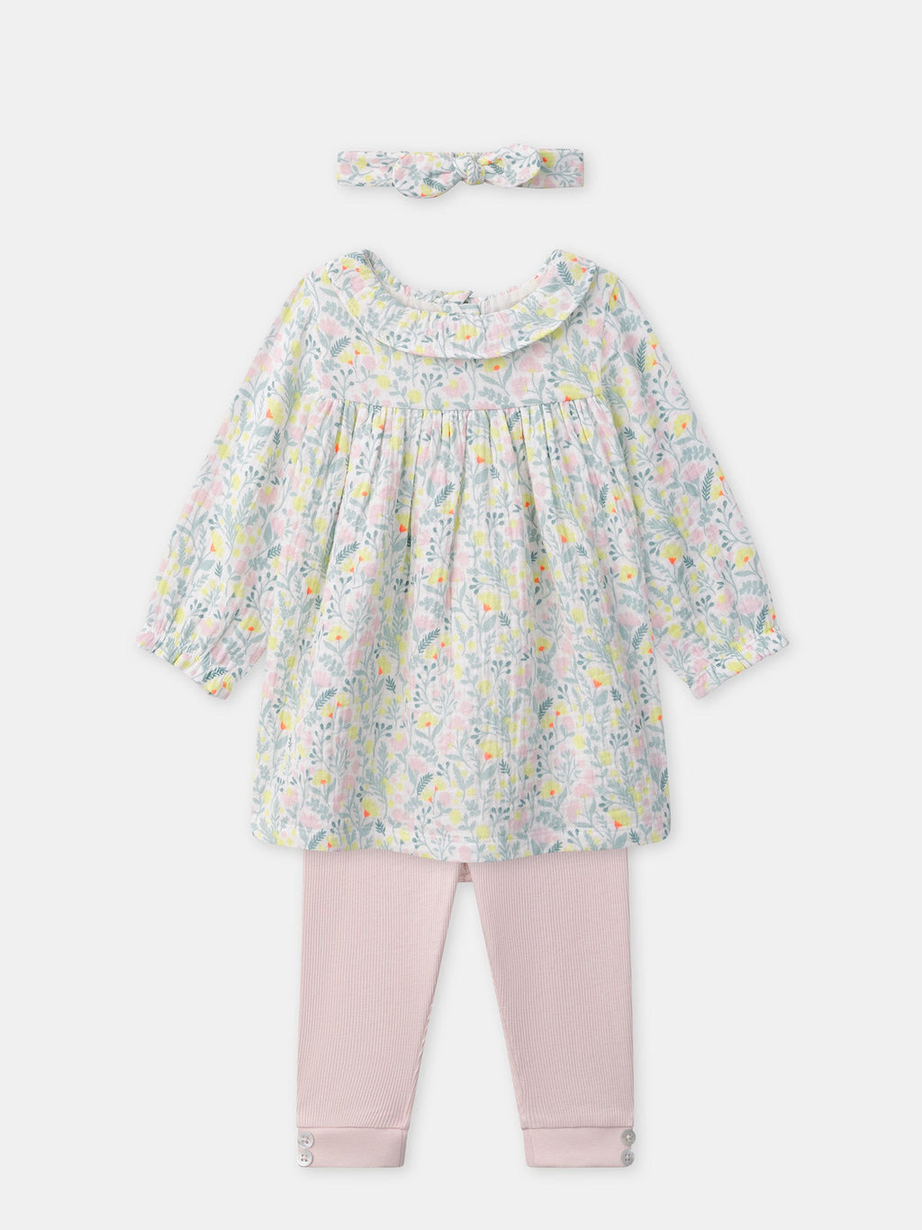 Ensemble robe imprimé fleuri + legging rose + bandeau Naissance Fille - 1