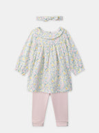 Ensemble robe imprimé fleuri + legging rose + bandeau Naissance Fille - 1