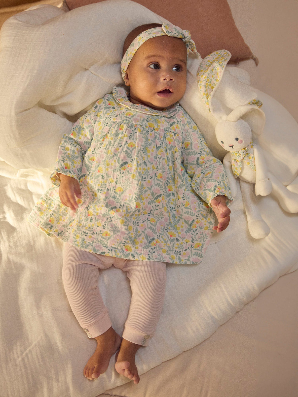 Ensemble robe imprimé fleuri + legging rose + bandeau Naissance Fille - 2