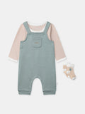 Ensemble salopette bleu grisée + body rayé + chaussettes Naissance Garçon - 1