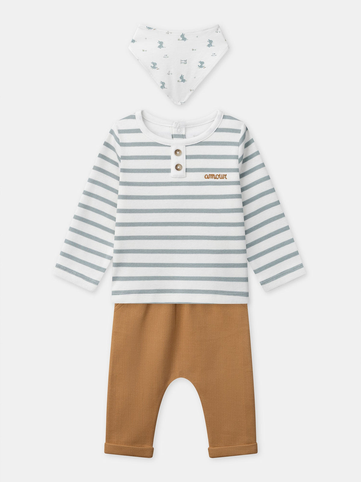 Ensemble haut rayé + pantalon marron + bavoir Naissance Garçon - 1