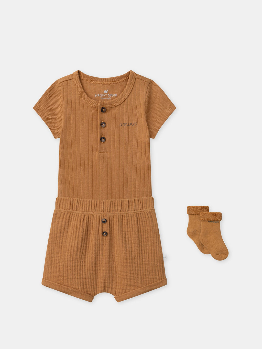 Ensemble body + short + chaussettes marron Naissance Garçon - 1