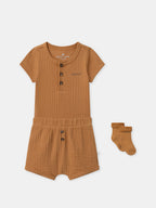 Ensemble body + short + chaussettes marron Naissance Garçon - 1