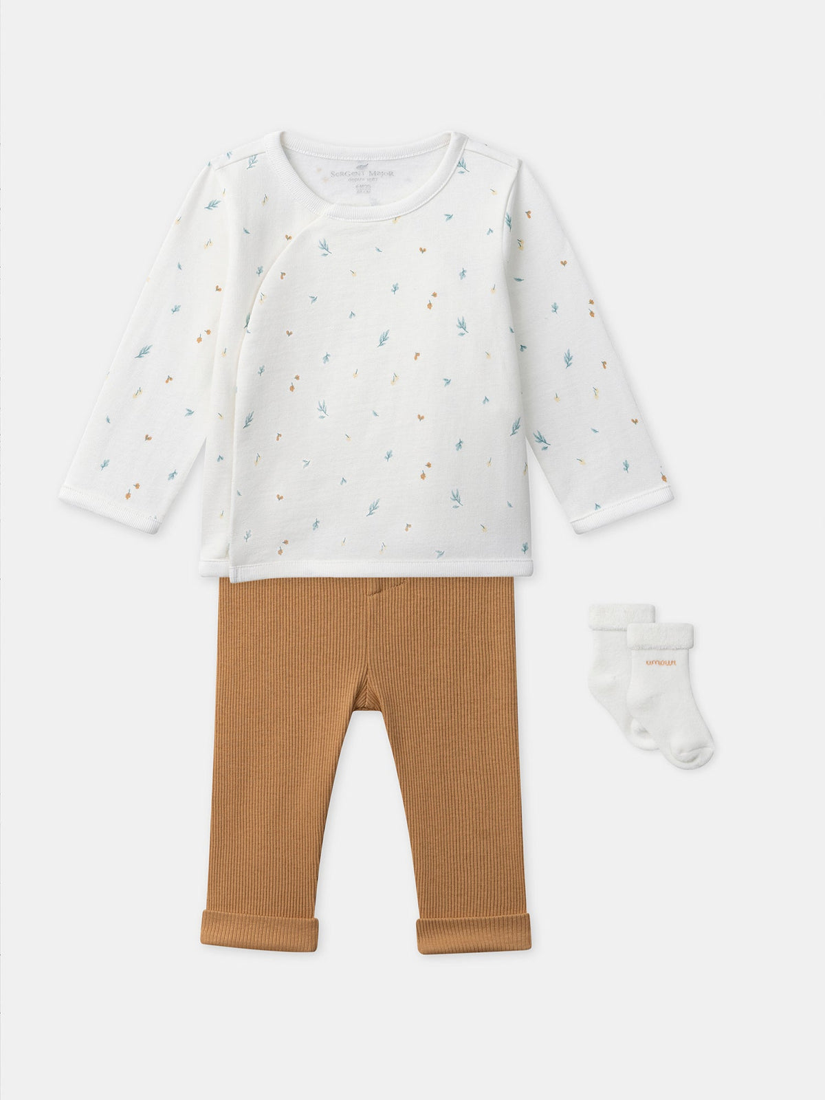 Ensemble haut imprimé feuillage + pantalon marron + chaussettes Naissance Mixte - 1