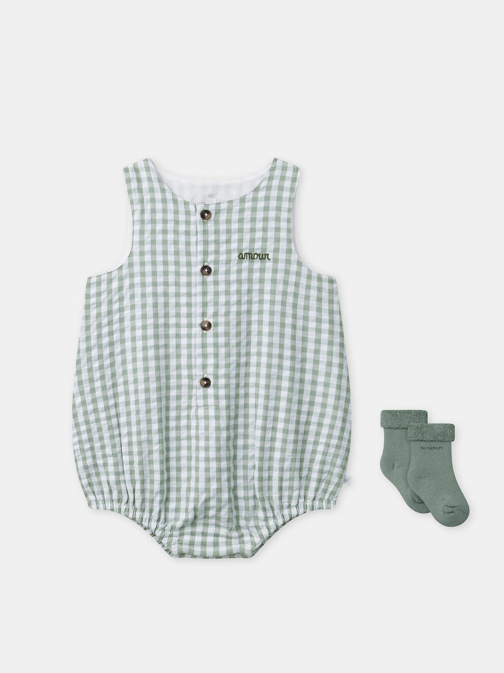 Ensemble barbotteuse vichy vert + chaussettes Naissance Mixte - 1