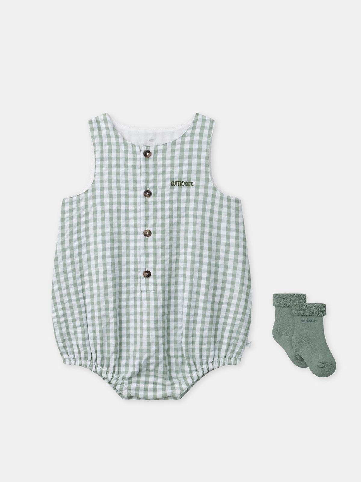 Ensemble barbotteuse vichy vert + chaussettes Naissance Mixte - 1