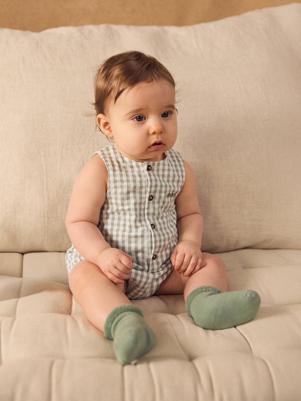 Ensemble barbotteuse vichy vert + chaussettes Naissance Mixte - 2