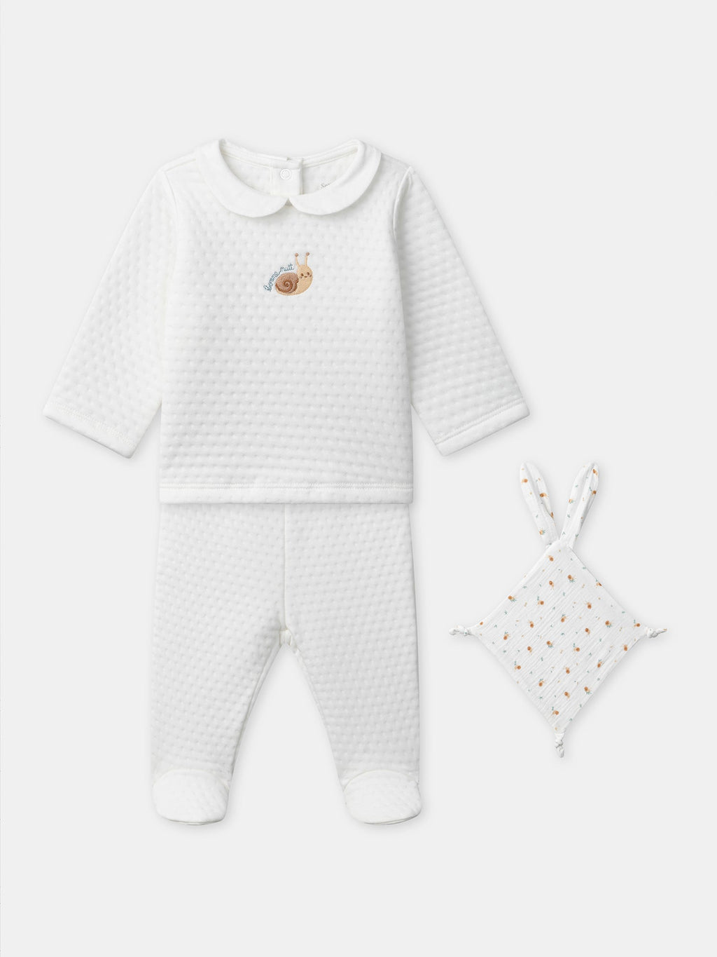 Ensemble haut + pantalon écru + doudou imprimé escargots Naissance Mixte - 1