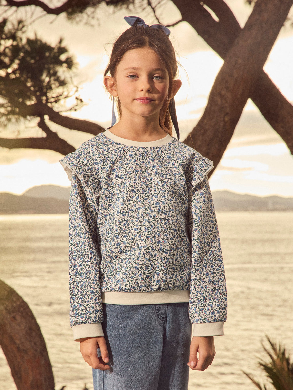 Sweat imprimé fleuri bleu à volants Fille - 2