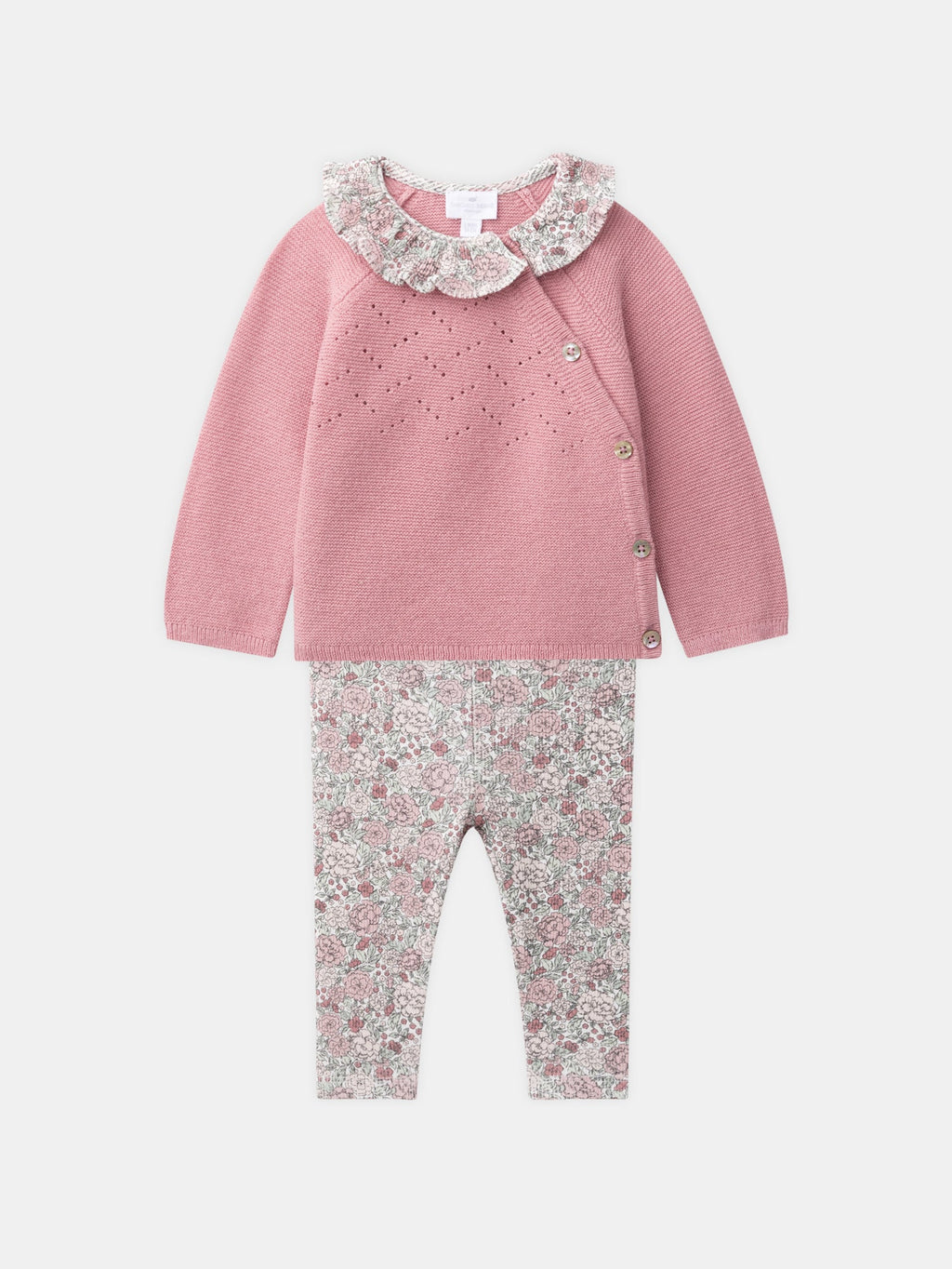 Ensemble haut en tricot rose foncé + legging imprimé fleuri Naissance Fille - 1
