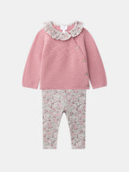Ensemble haut en tricot rose foncé + legging imprimé fleuri Naissance Fille - 1