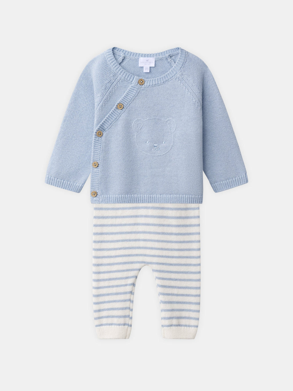 Ensemble haut en tricot bleu ciel + pantalon en tricot à rayures bleu ciel Naissance Garçon - 1