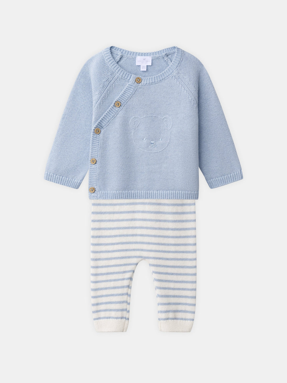 Ensemble haut en tricot bleu ciel + pantalon en tricot à rayures bleu ciel Naissance Garçon - 1