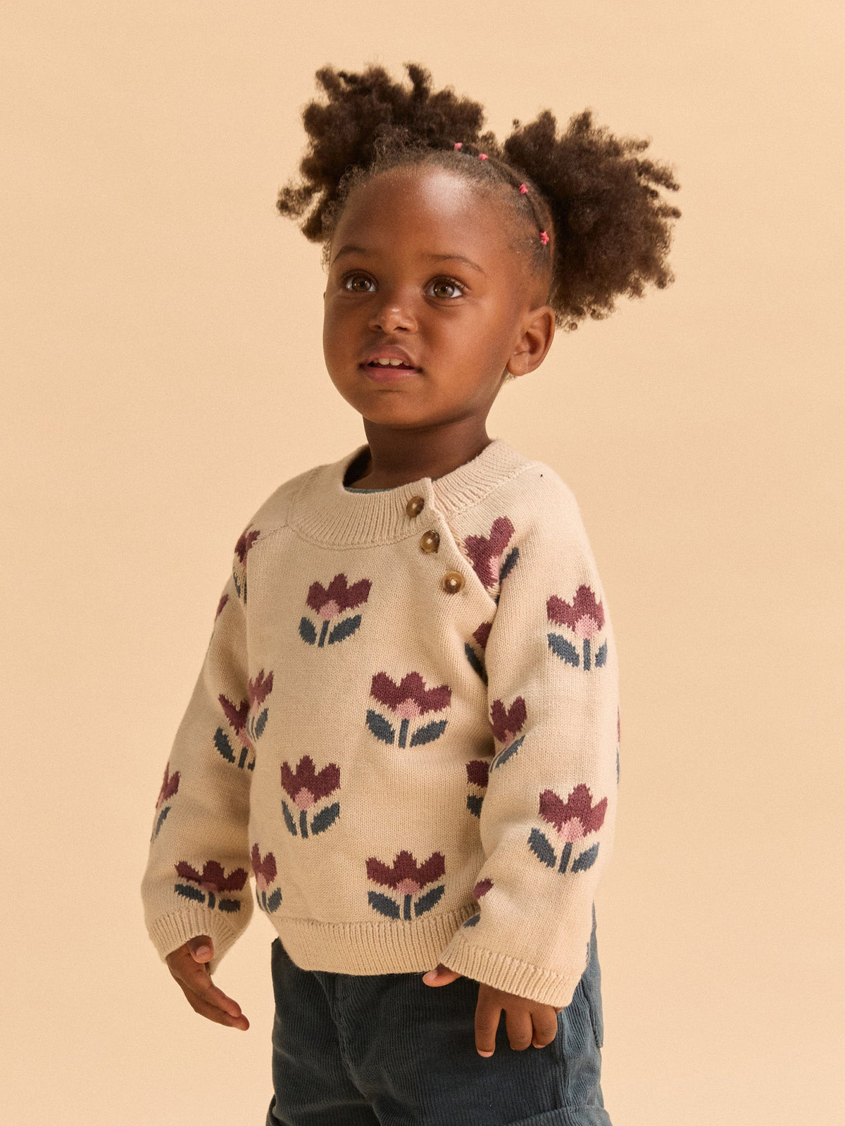 Pull beige jacquard fleurs Bébé Fille - 2