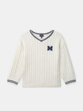 Pull écru à broderie "M" et col V bleu marine Fille - 1