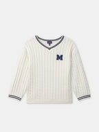 Pull écru à broderie "M" et col V bleu marine Fille - 1