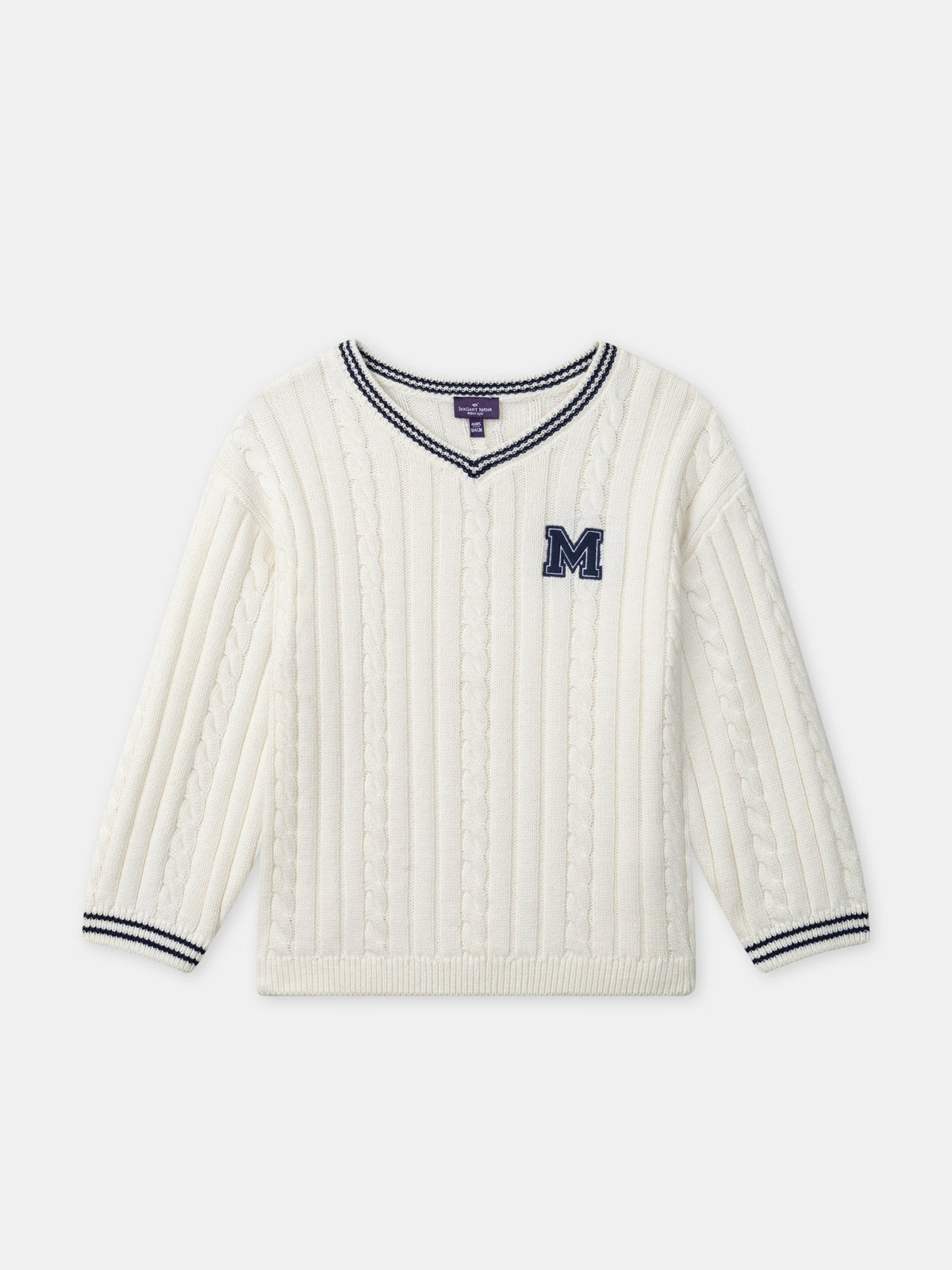 Pull écru à broderie "M" et col V bleu marine Fille - 1