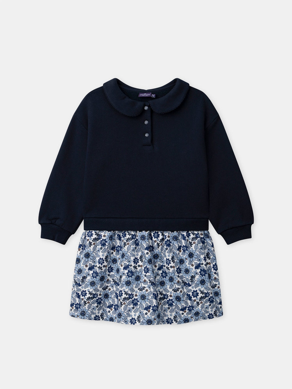 Robe bi-matière sweat bleu marine et bas imprimé fleuri Fille - 1