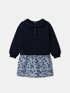 Robe bi-matière sweat bleu marine et bas imprimé fleuri Fille - 1