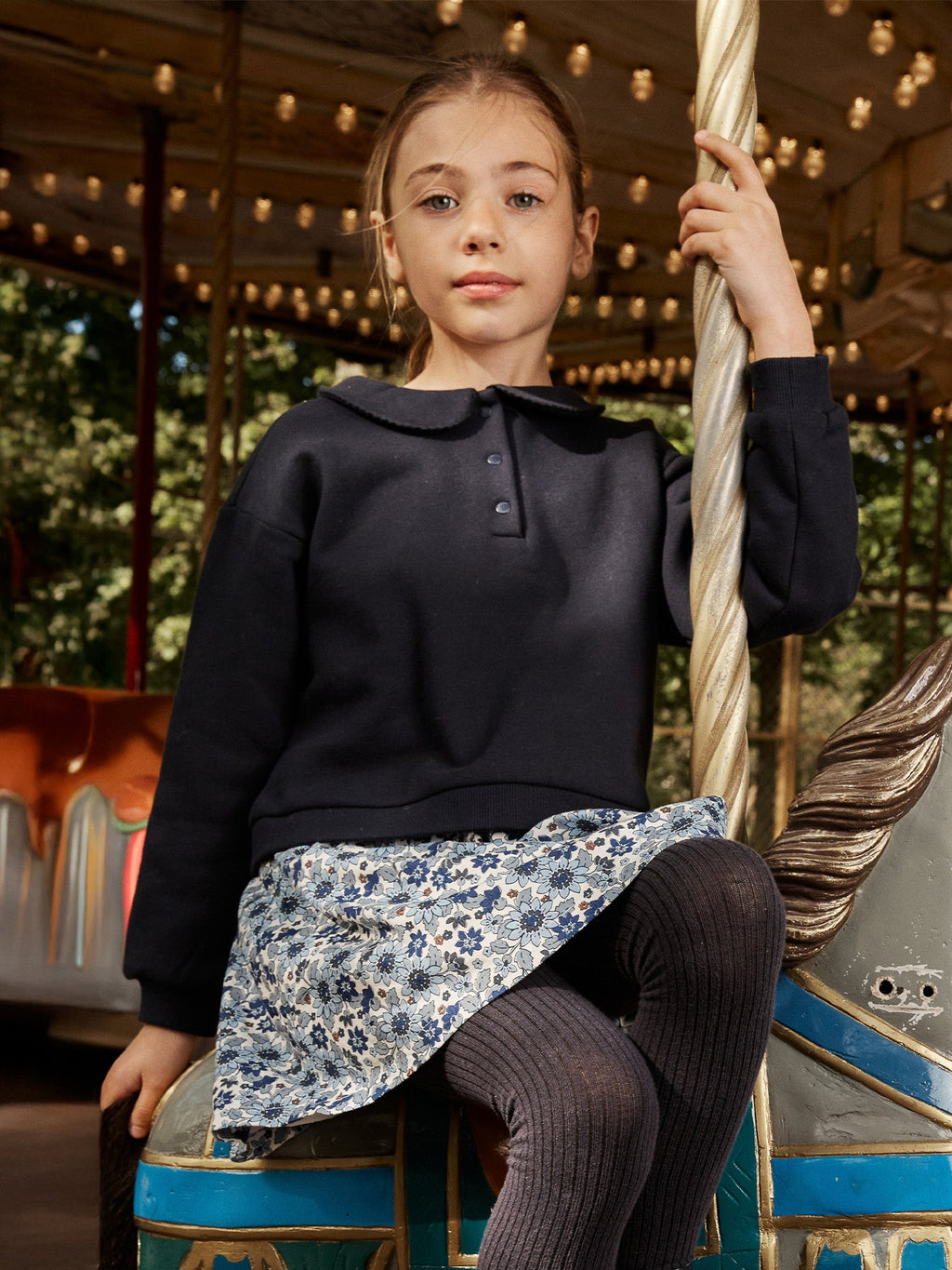 Robe bi-matière sweat bleu marine et bas imprimé fleuri Fille - 2