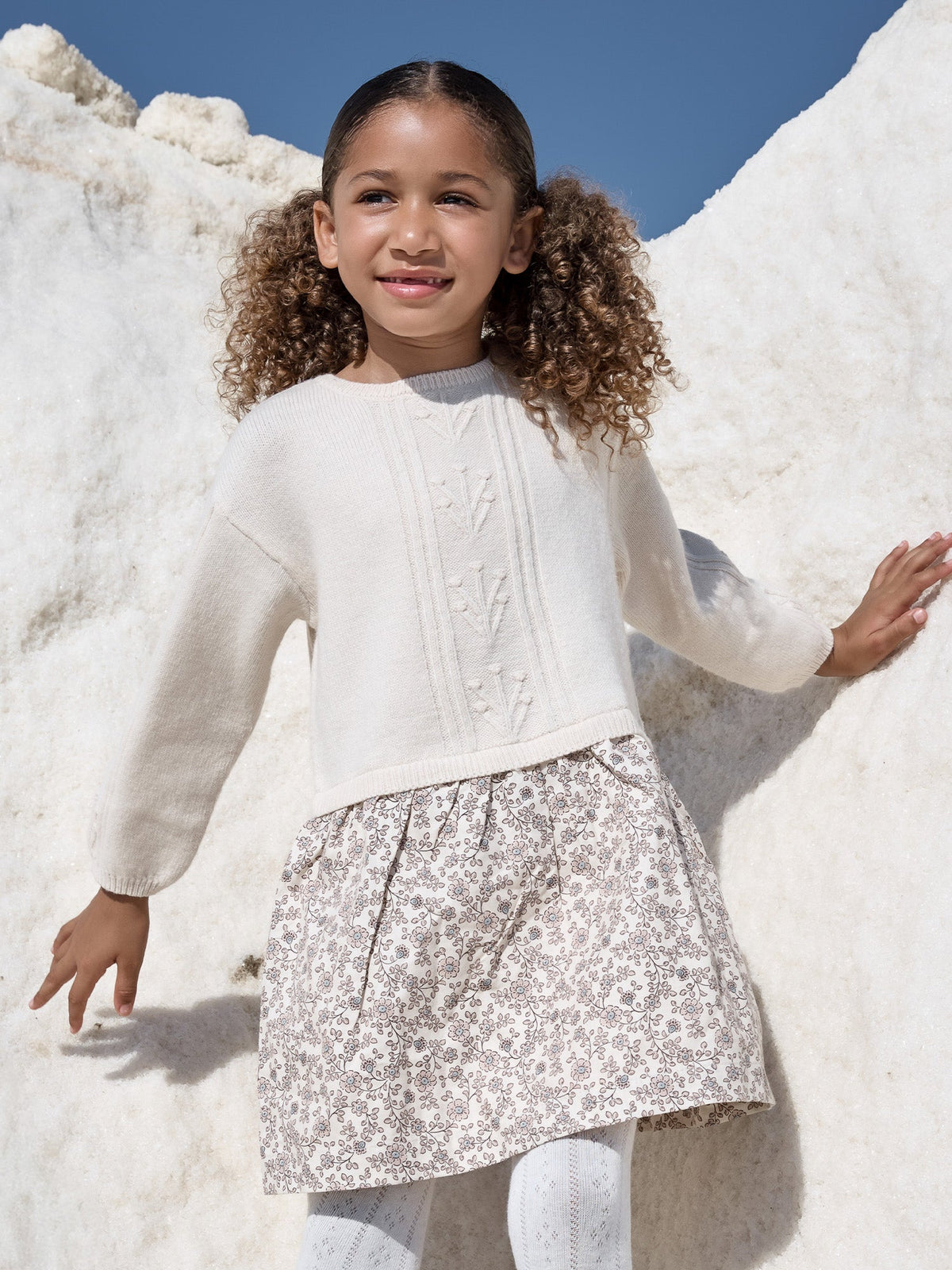 Robe bi-matière haut écru et bas imprimé fleuri Fille - 2