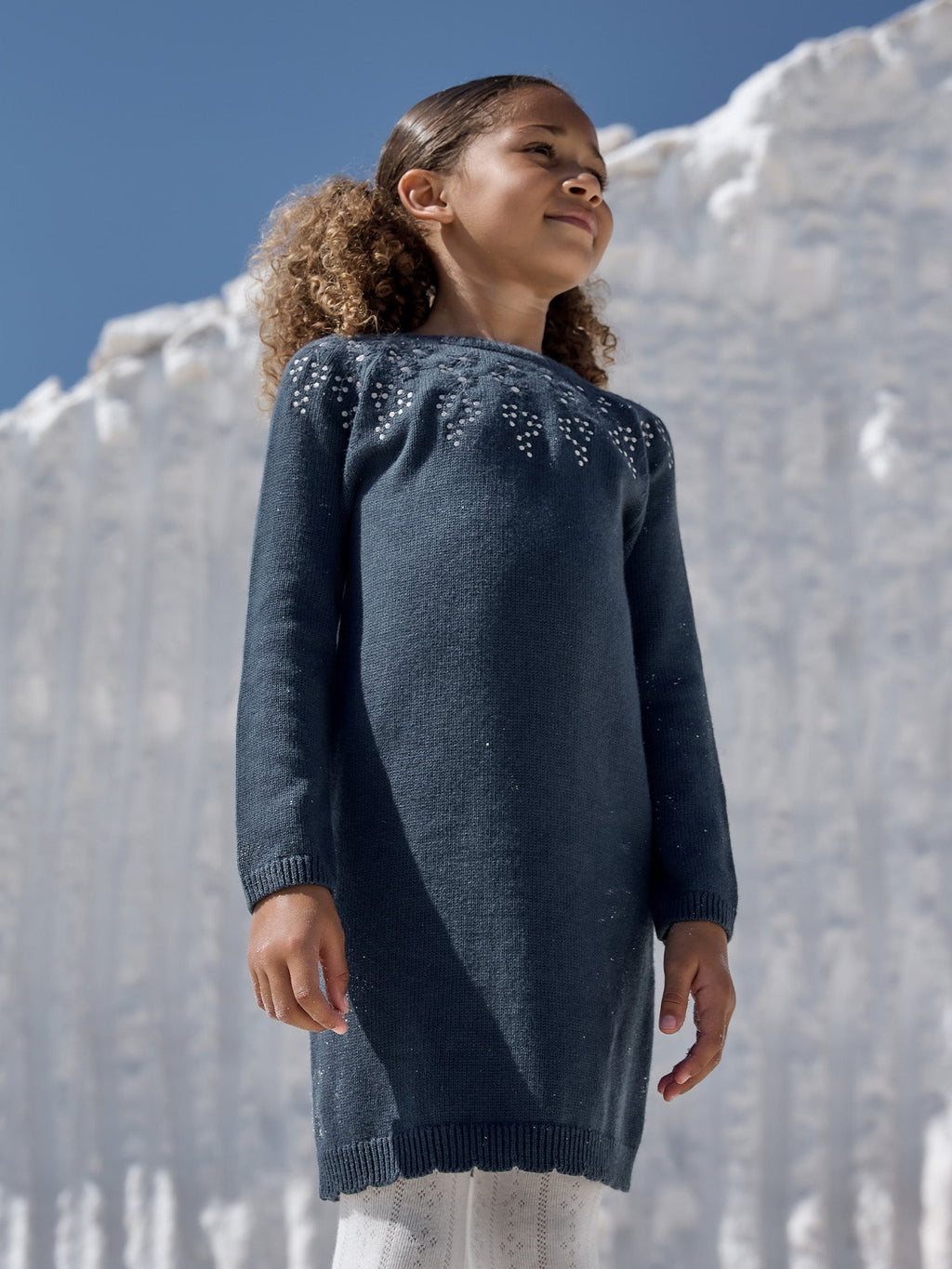 Robe bleu paon brodée de fleurs Fille - 2