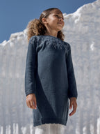 Robe bleu paon brodée de fleurs Fille - 2