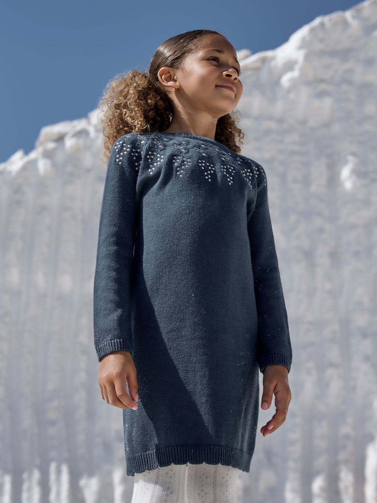 Robe bleu paon brodée de fleurs Fille - 2