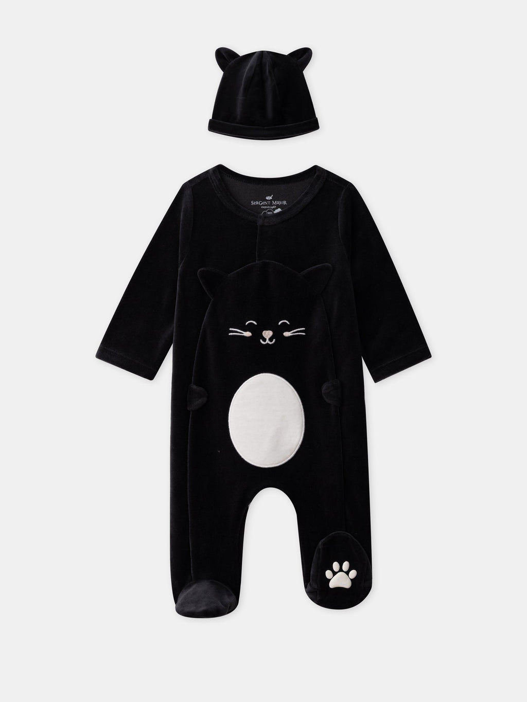 Grenouillère noir chat en velours + bonnet Bébé Fille - 1