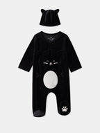 Grenouillère noir chat en velours + bonnet Bébé Fille - 1