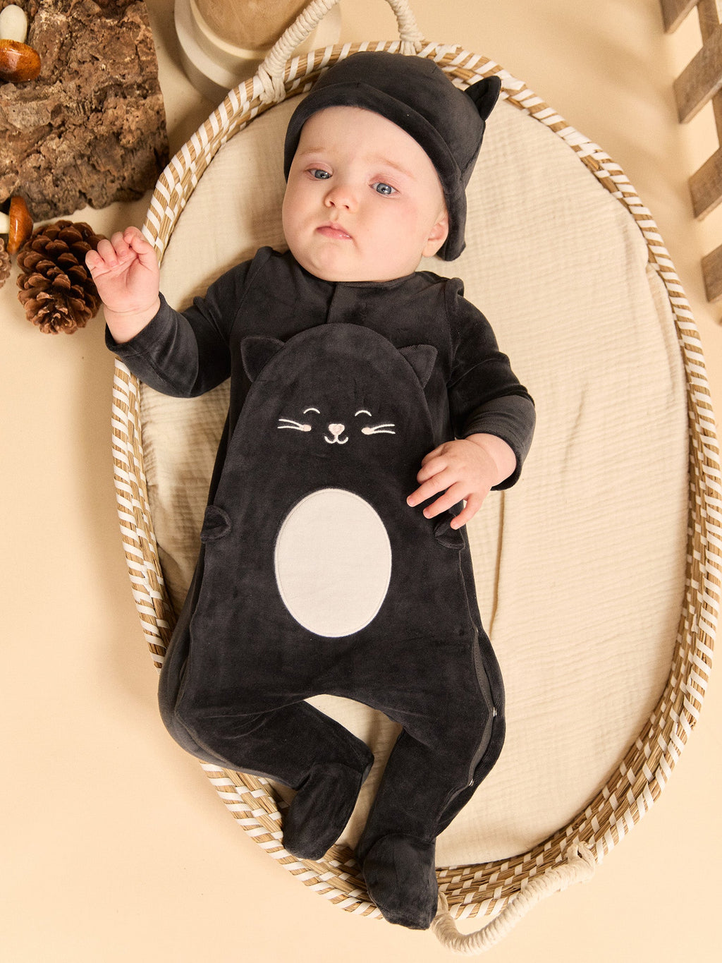 Grenouillère noir chat en velours + bonnet Bébé Fille - 2