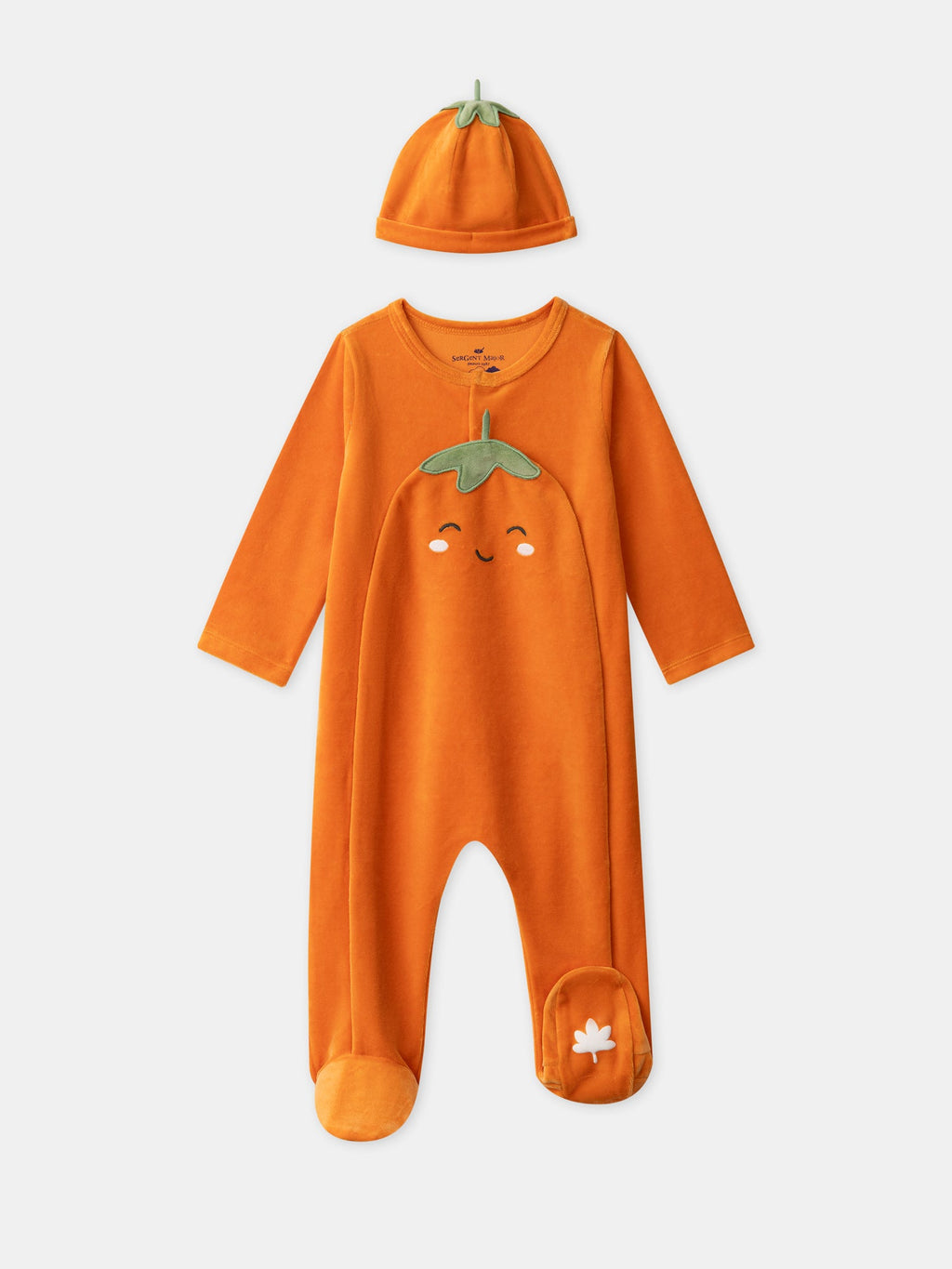 Grenouillère orange citrouille en velours + bonnet Bébé Garçon - 1